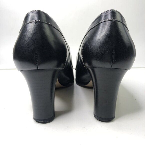 Ralph Lauren Black Leather Shoes Size 9 B Heeled Loafers Block Heels Bow Slip On - Picture 8 of 10